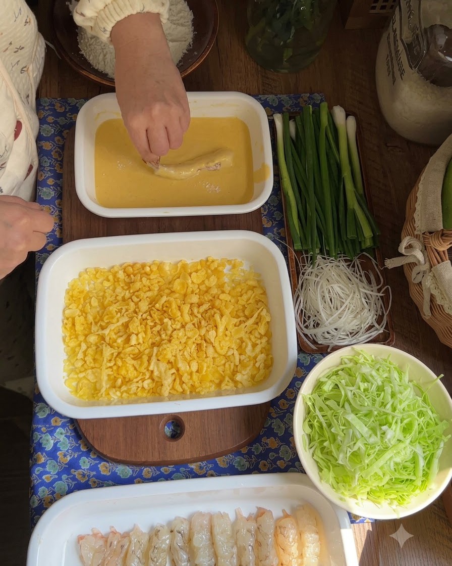 Una mano che preme un gambero immerso nella pastella in un letto di fiocchi di tempura gialli.