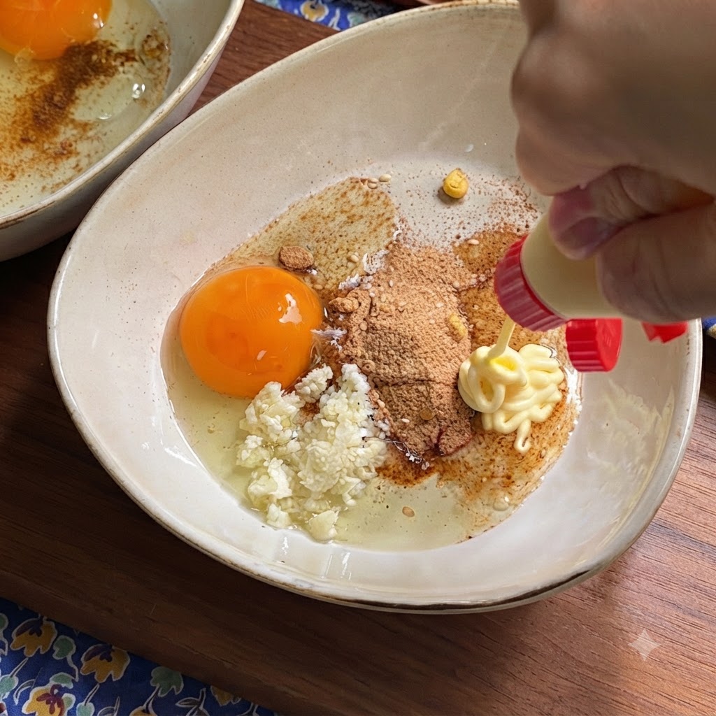 Una bottiglia che spreme maionese in una ciotola piena di un tuorlo duovo crudo, aglio e polvere aromatizzante.