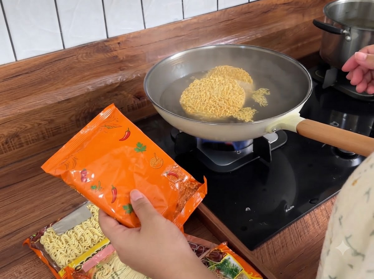 Un mestolo che versa acqua bollente fumante da una pentola di noodles in una ciotola di condimento.
