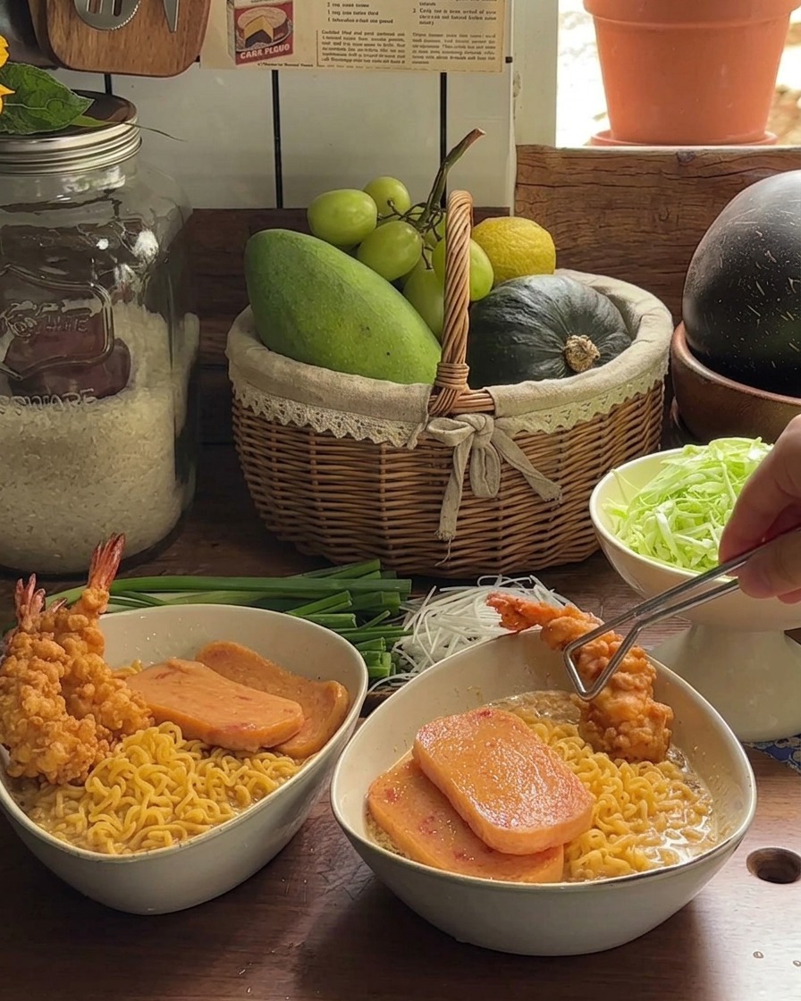 Ciotole di ramen assemblate con fette di spam rosolate e grandi gamberi croccanti in tempura.