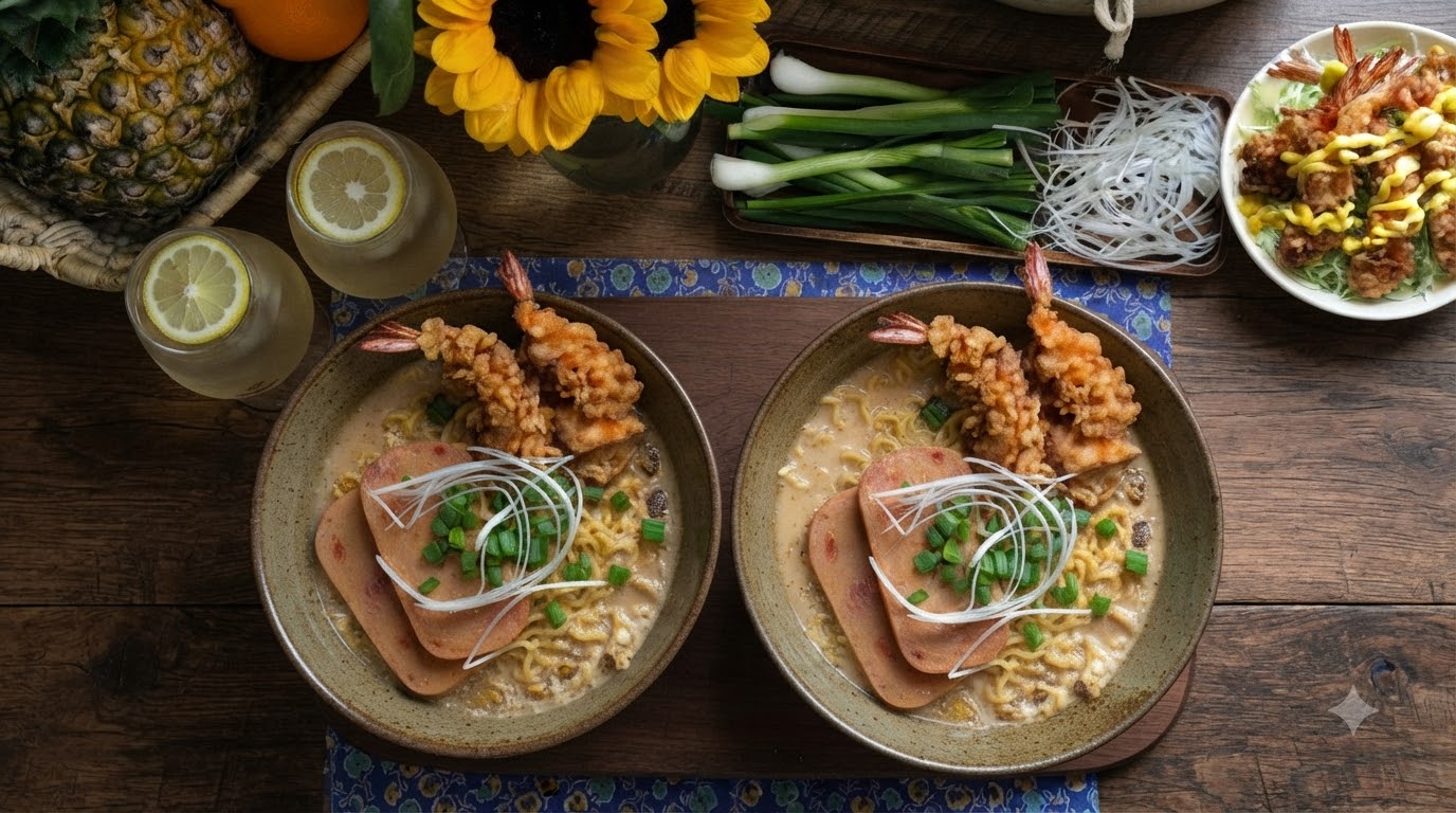 Ramen Tonkotsu con Gamberi in Tempura e Spam