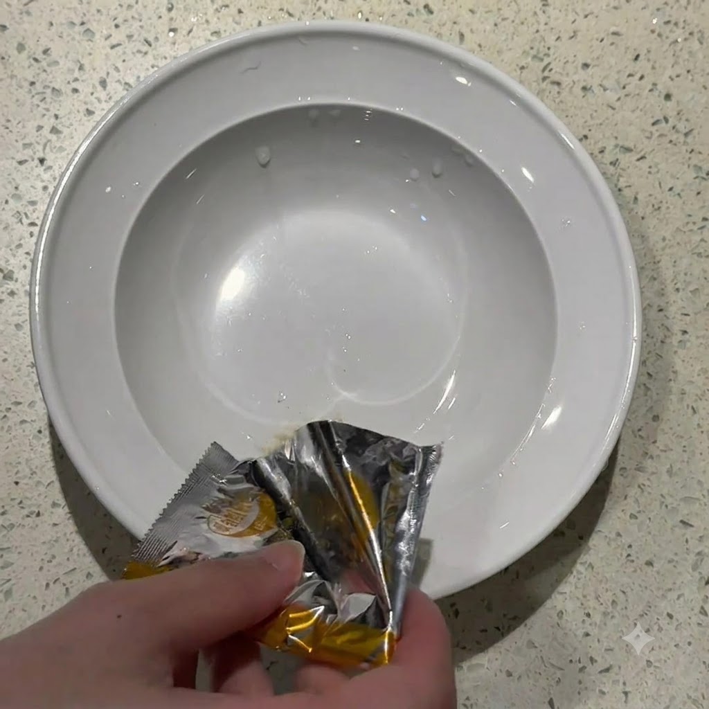 Polvere di condimento da un pacchetto argentato di noodle istantanei versata in una ciotola di ceramica bianca.