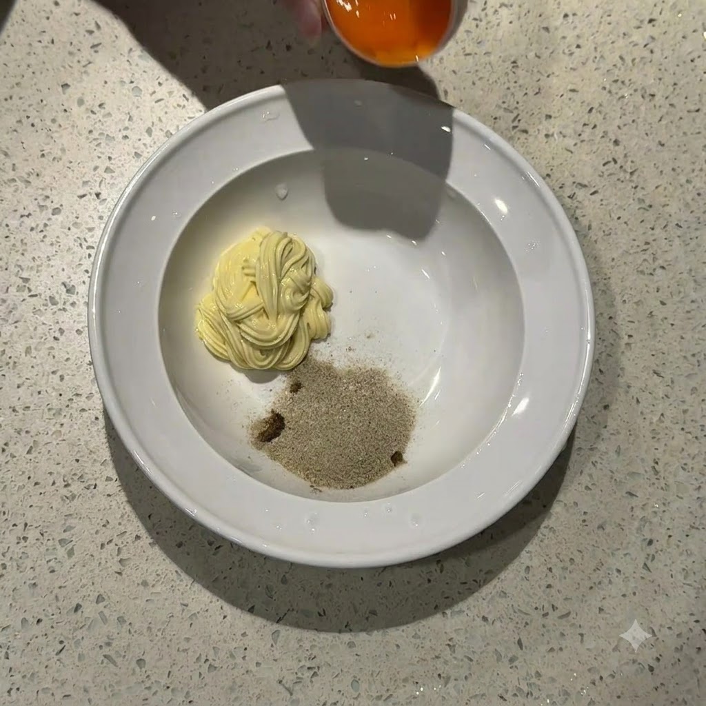 Un tuorlo duovo arancione crudo che cade da metà guscio duovo in una ciotola bianca con maionese e polvere di condimento.