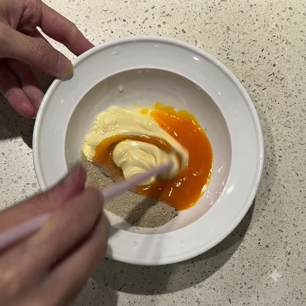 Una mano che tiene bacchette rosa, mentre mescola attivamente una spessa pasta arancione fatta di tuorlo duovo, maionese e polvere di condimento in una ciotola bianca.
