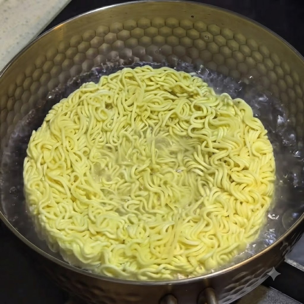 Un panetto rotondo di noodle istantanei ondulati immersi in una pentola di metallo strutturata con acqua bollente.