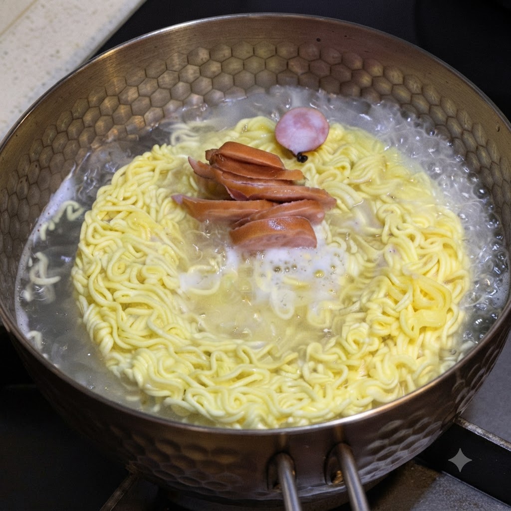 Wurstel a fettine e una fetta rotonda di torta di pesce che cuociono in una pentola di noodle istantanei bollenti.