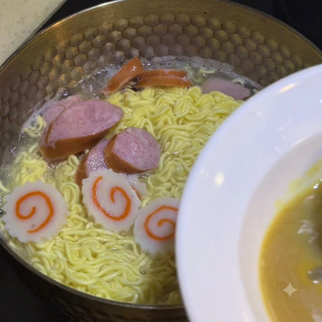 Un mettolino che raccoglie brodo caldo dalla pentola di cottura verso una ciotola bianca con la salsa.
