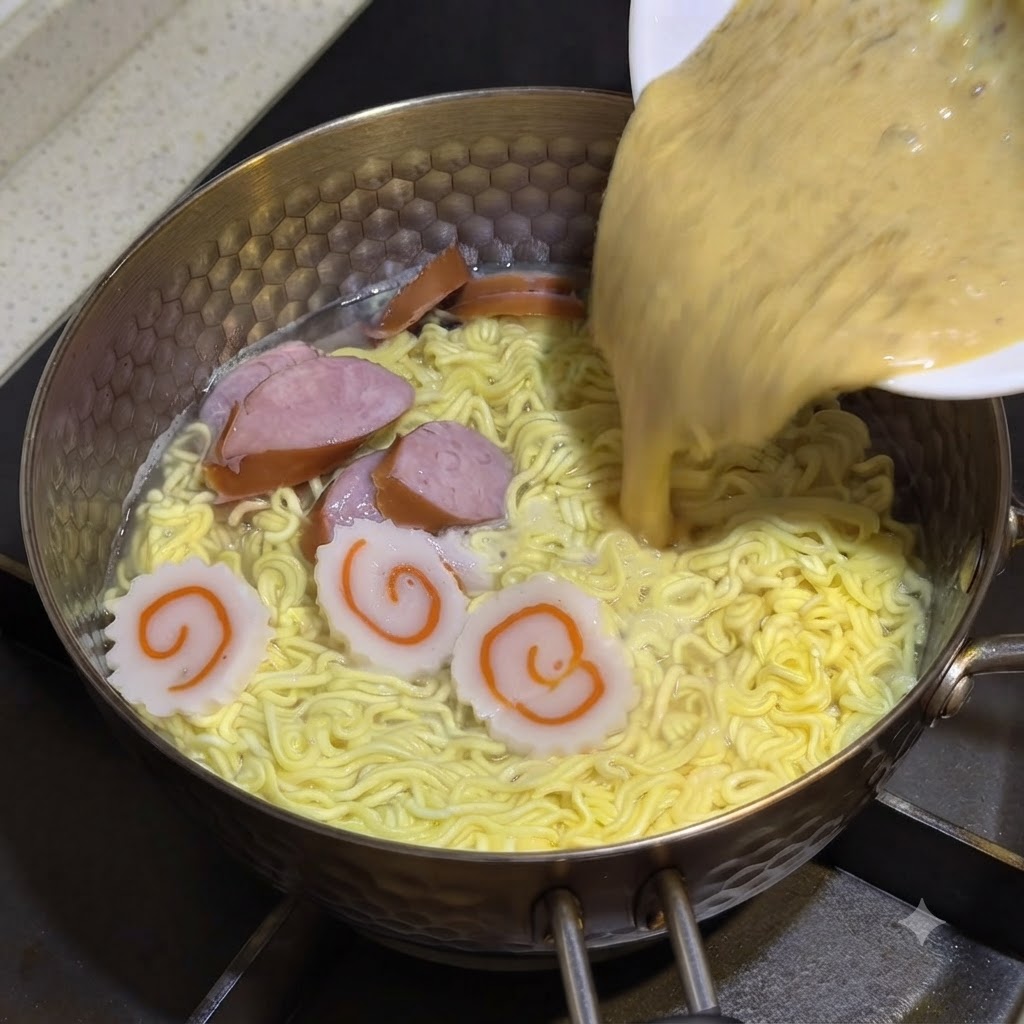 La salsa mescolata versata da una ciotola bianca nella pentola bollente di noodle.