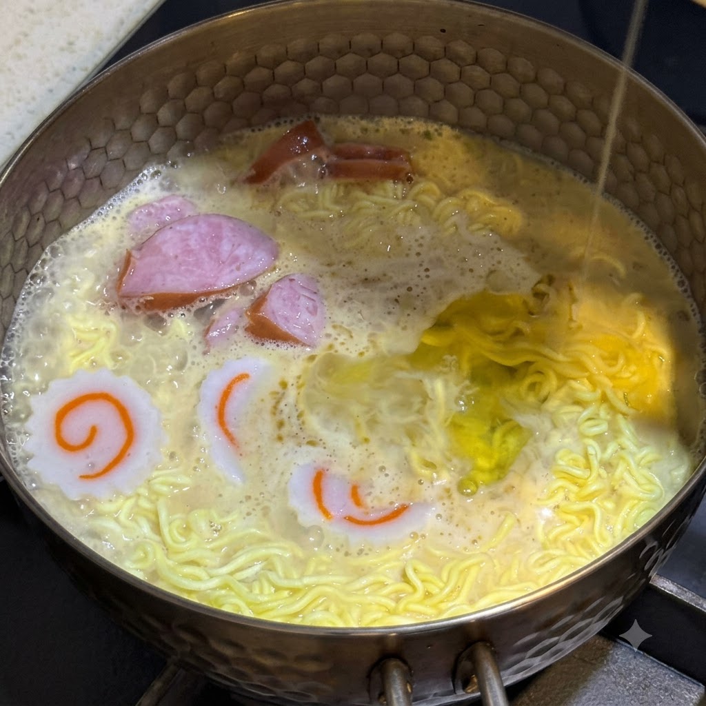 Albume duovo versato a filo nella pentola bollente di noodle piena di brodo e wurstel a fettine.