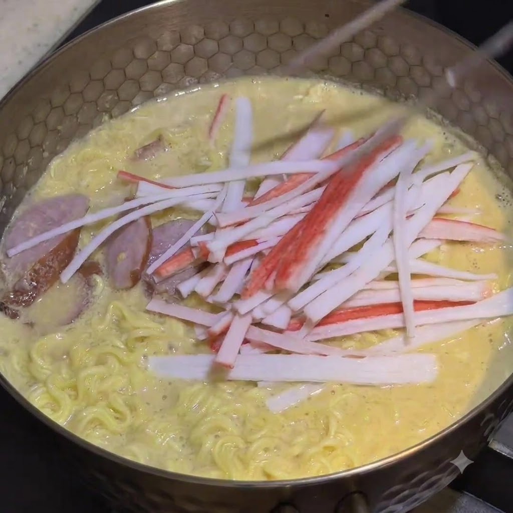 Surimi di granchio sfilacciato fatto cadere sulla superficie dei noodle in ebollizione.