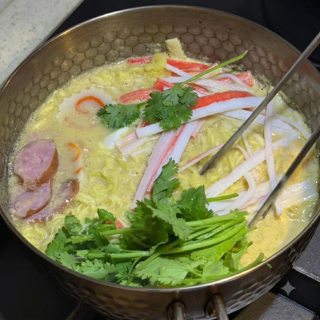 Foglie e steli di coriandolo fresco posizionati nella pentola di noodle e condimenti.