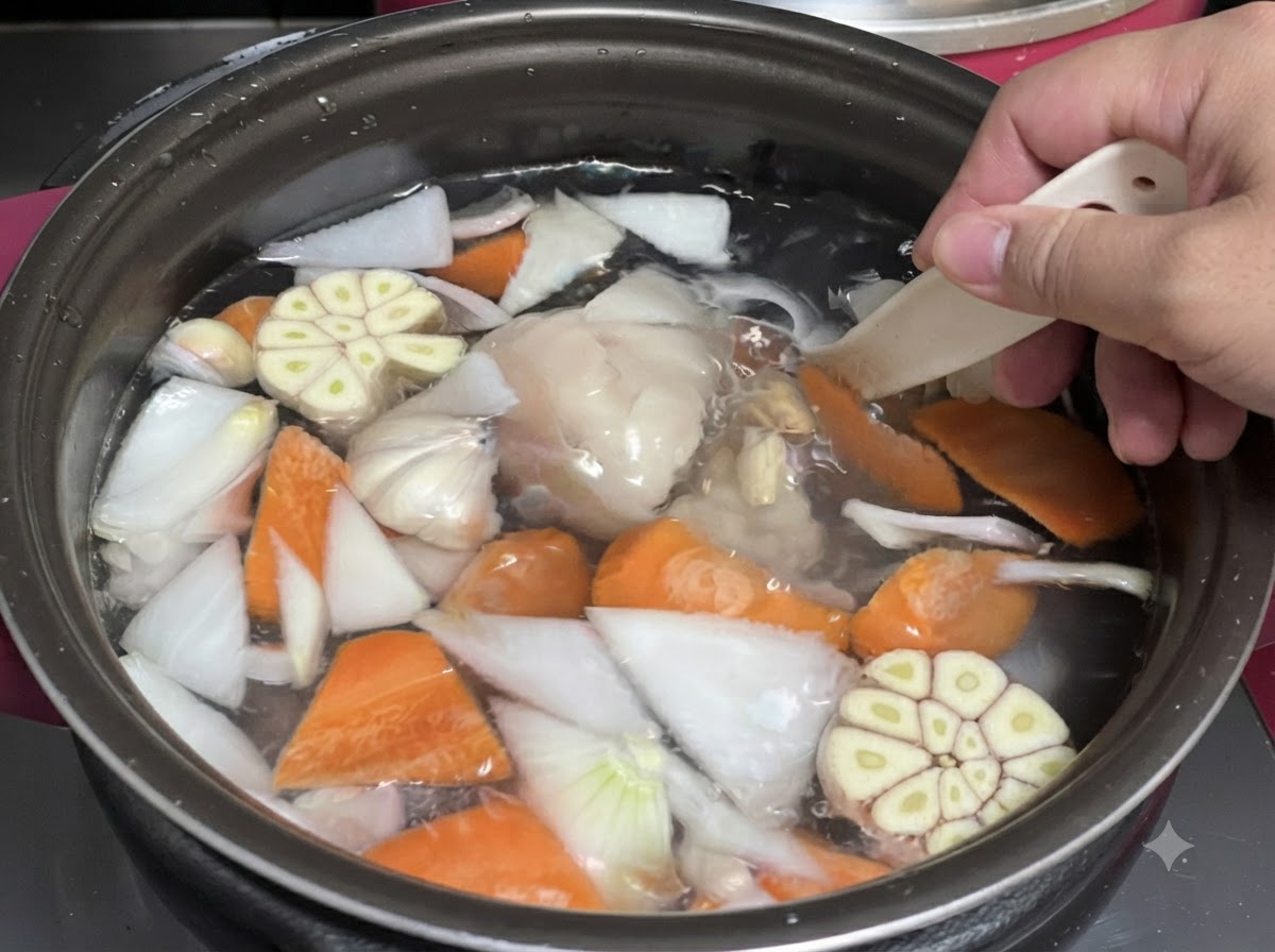 Ossa di maiale, zampe di gallina e verdure immerse nella pentola a pressione.