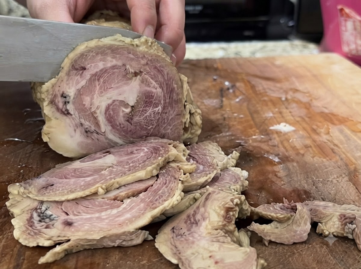 Taglio di carne di maiale chashu arrotolata e fredda su un tagliere di legno con un coltello.