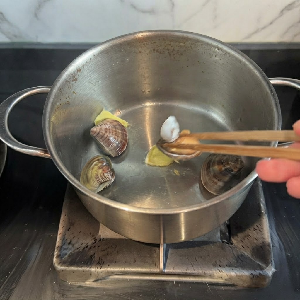 Vongole veraci, pezzi di granchio, capesante e funghi aggiunti nella pentola con lo zenzero.