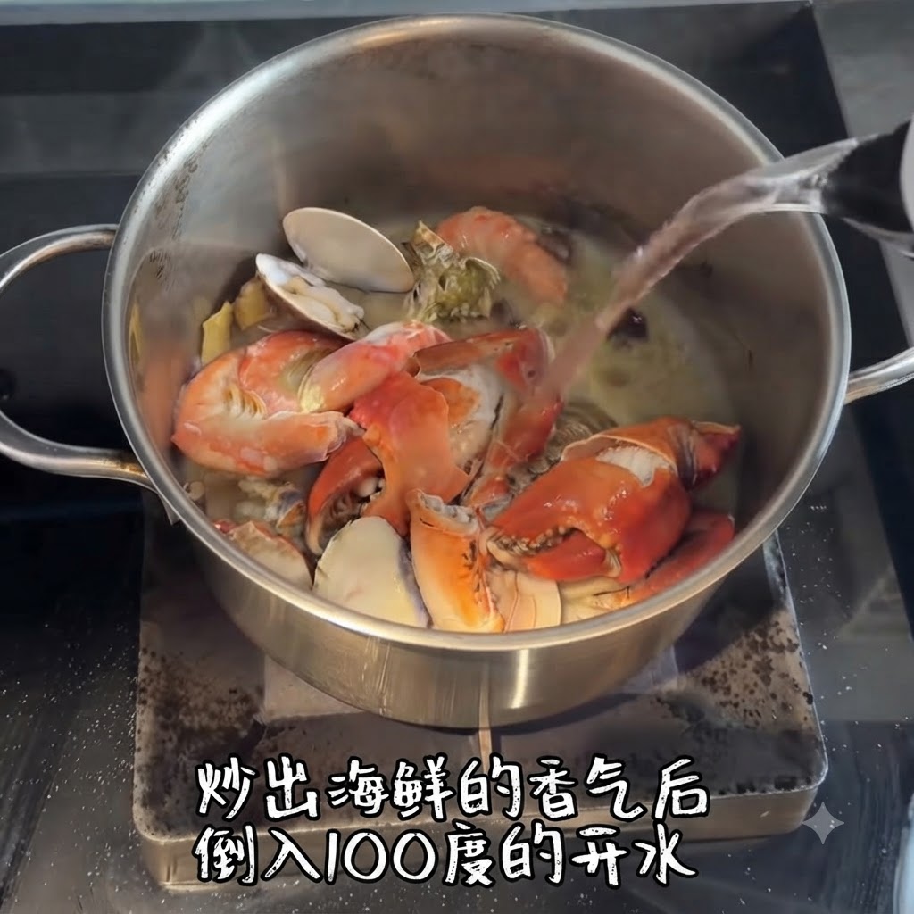 Acqua bollente versata da un bollitore nella pentola di frutti di mare rosolati.
