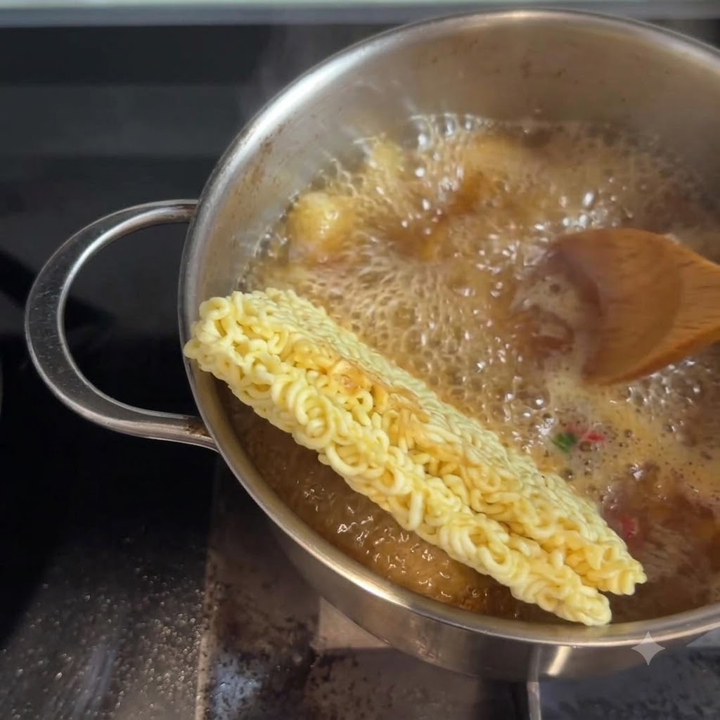 Bacchette che girano i noodle ramen e gli ingredienti in una pentola di brodo in ebollizione.