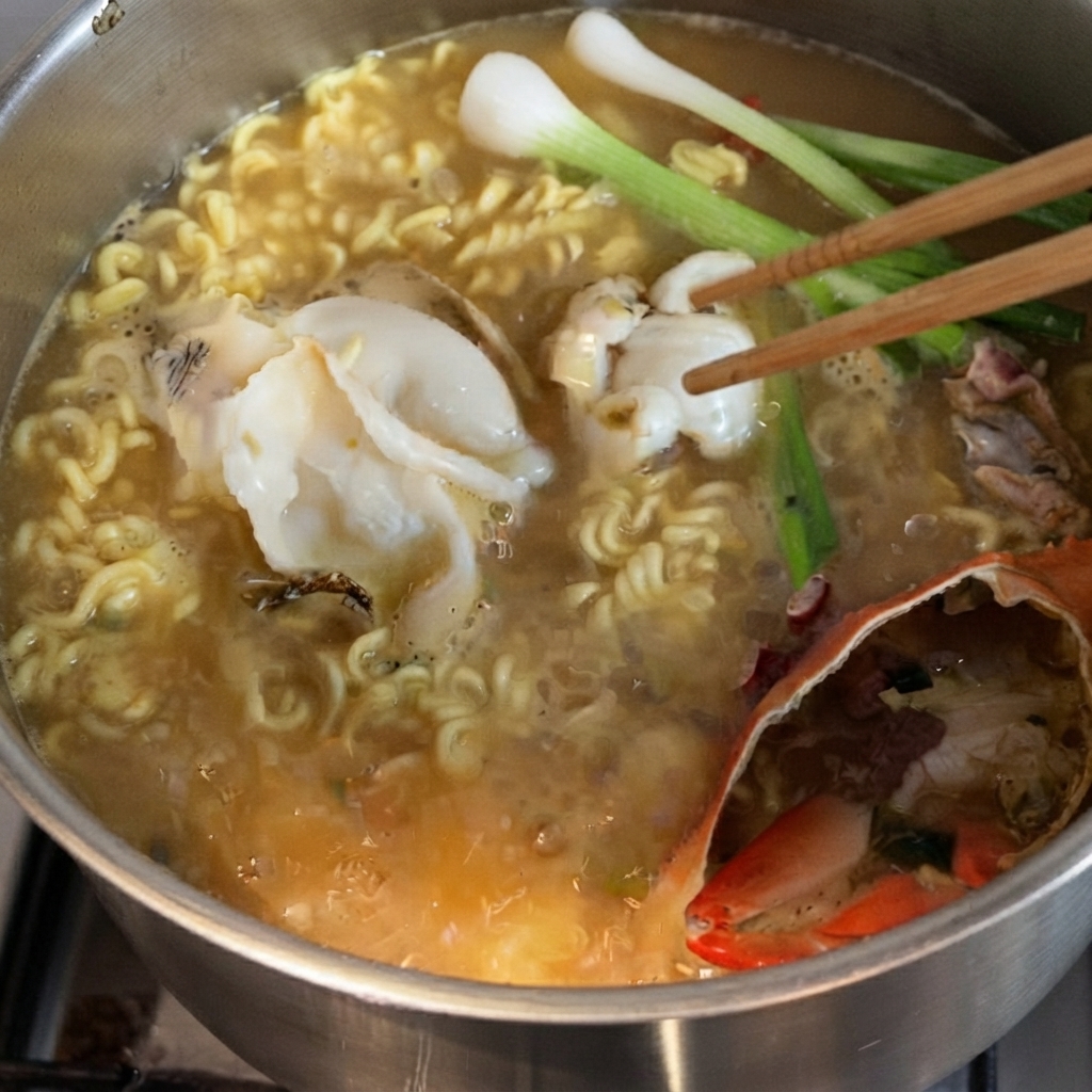 Cipollotti, abalone affettato e fette di manzo mescolati nella zuppa di noodle in ebollizione con le bacchette.