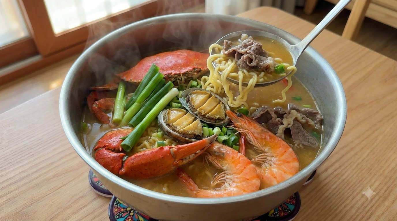Una lussuosa ciotola di ramen di frutti di mare fatto in casa, arricchita con granchio fresco, gamberi, abalone e tenero manzo in un brodo dorato.