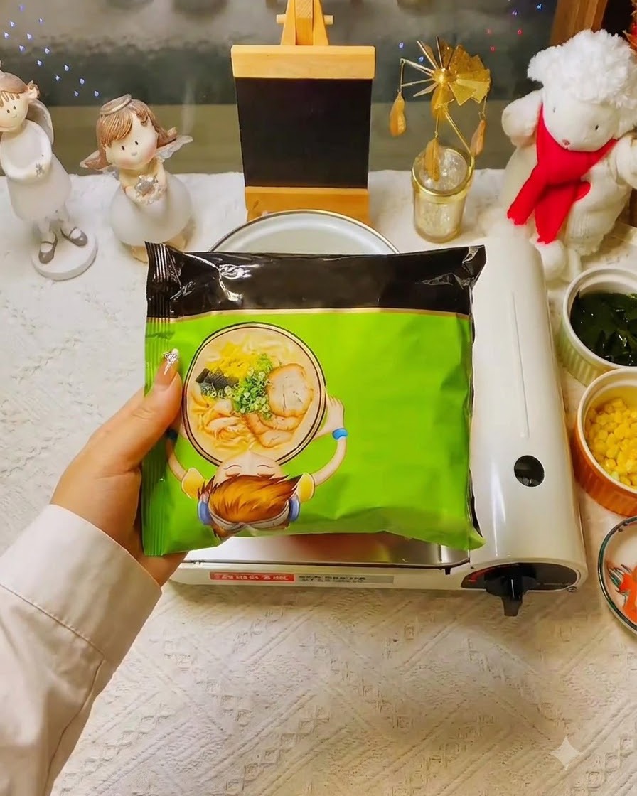 Una mano che solleva una confezione verde di noodles istantanei davanti a una configurazione con fornello portatile.