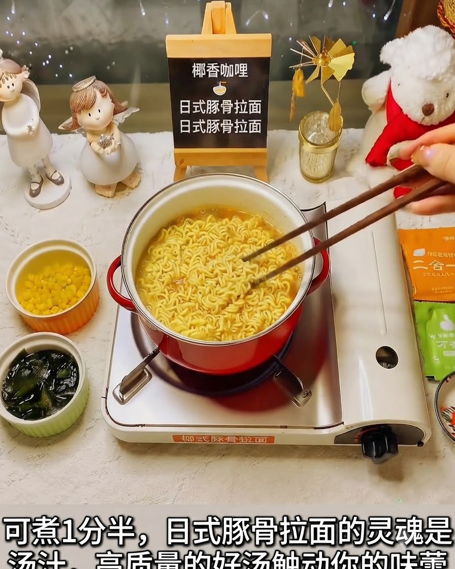 Bacchette di legno che mescolano noodles istantanei gialli che bollono allinterno di una pentola rossa.