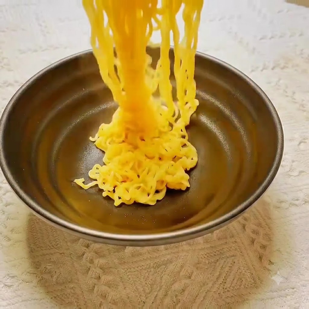 Noodles gialli sollevati con le bacchette e fatti cadere in una ciotola di ceramica scura.