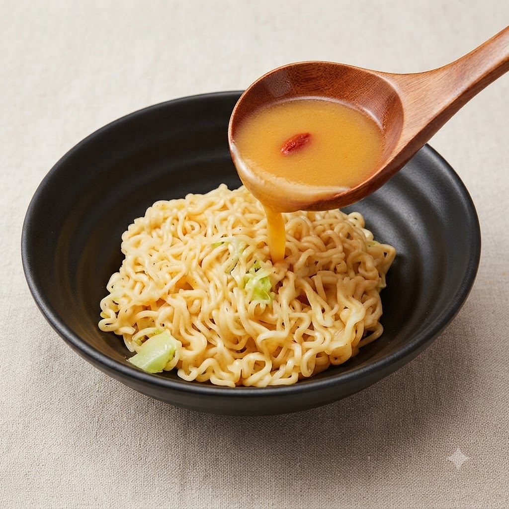 Un mestolo da zuppa in legno versa il brodo condito da una pentola direttamente su un letto di noodles cotti allinterno di una ciotola di ceramica nera.