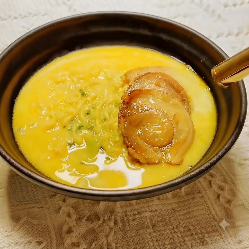 Fette di maiale chashu in una ciotola di noodles che vengono dorate con un cannello da cucina portatile.