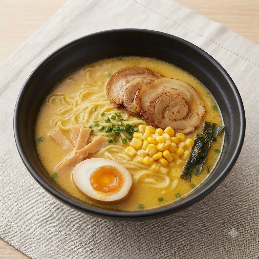 Un cucchiaio di legno che aggiunge chicchi di mais dolce giallo in una ciotola di ramen.