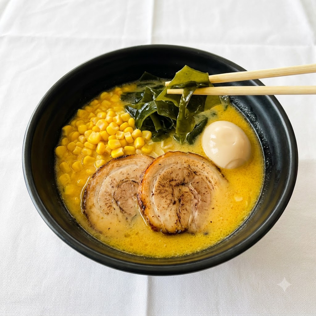 Bacchette che tengono e posizionano strisce di alga verde scuro in una ciotola di ramen giapponese.