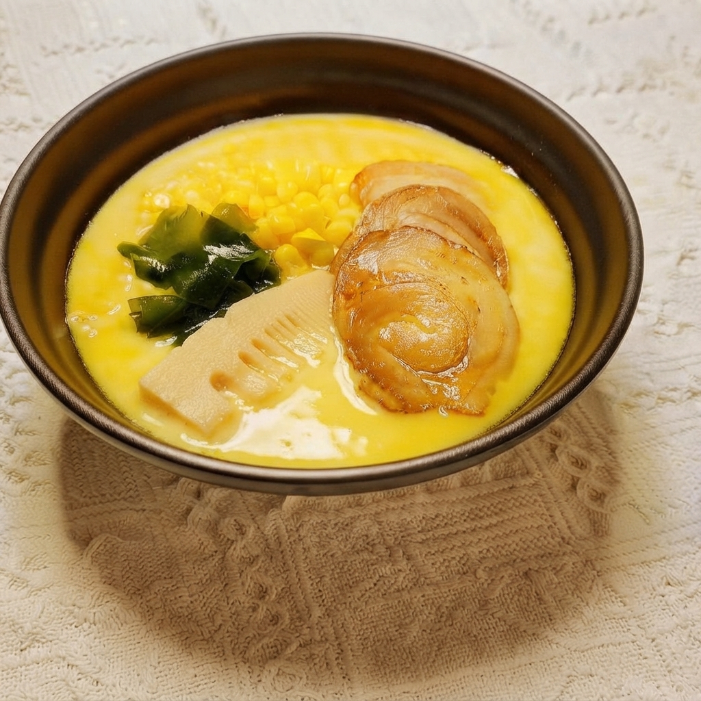 Una fetta di germoglio di bambù che viene posizionata in una ciotola preparata di noodles ramen.