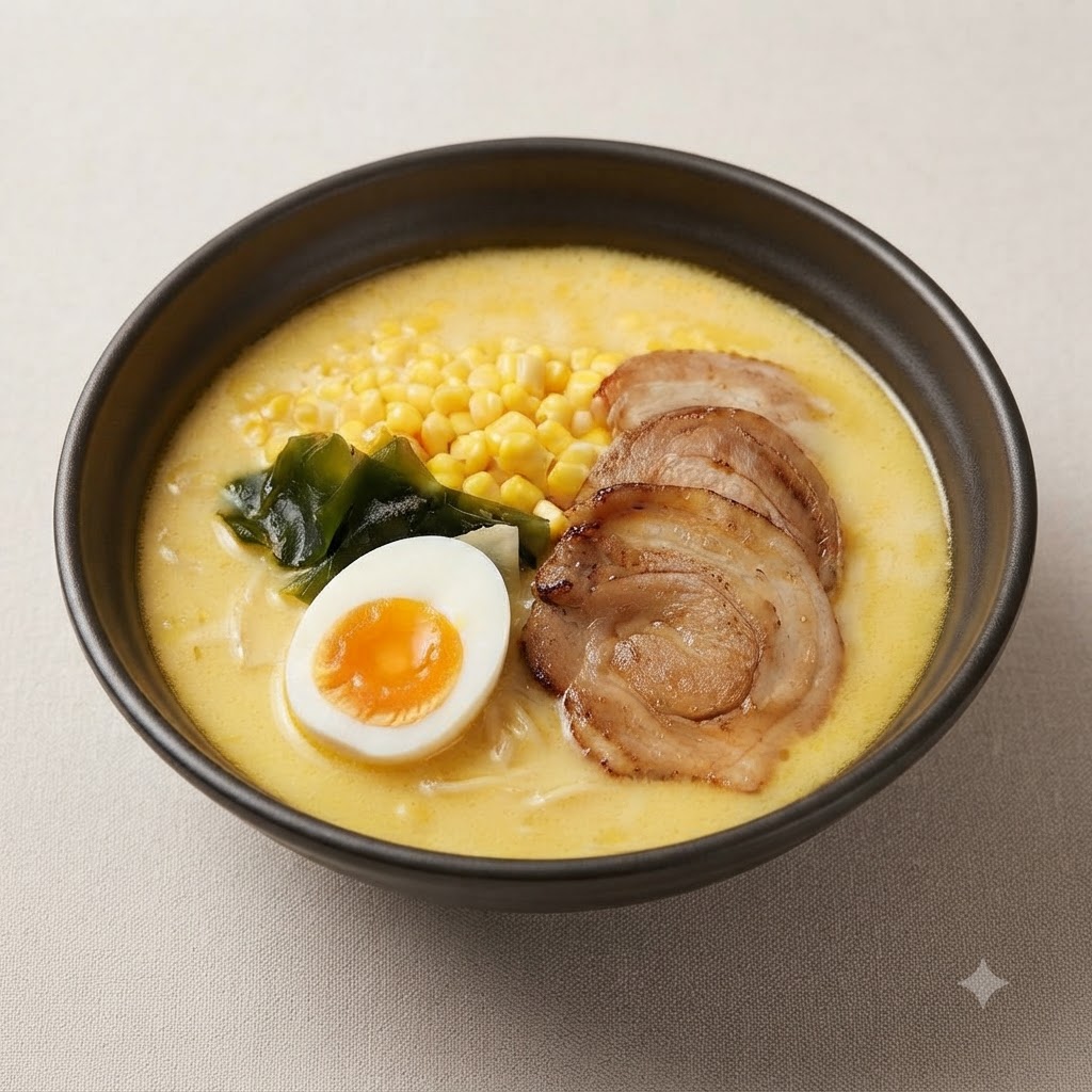 Un uovo barzotto tagliato a metà con un tuorlo brillante e cremoso posizionato sul lato di una ciotola di ramen ricca.