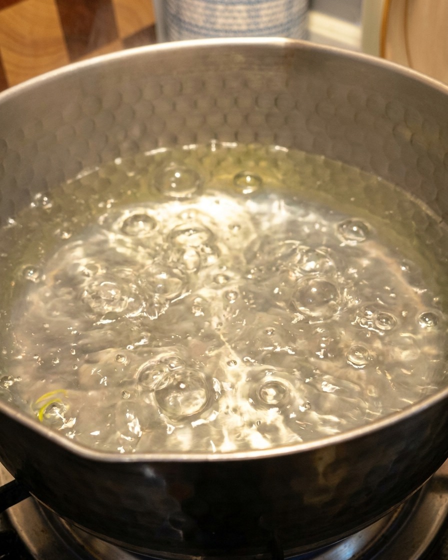 Alga verde in ebollizione in una pentola dacqua.
