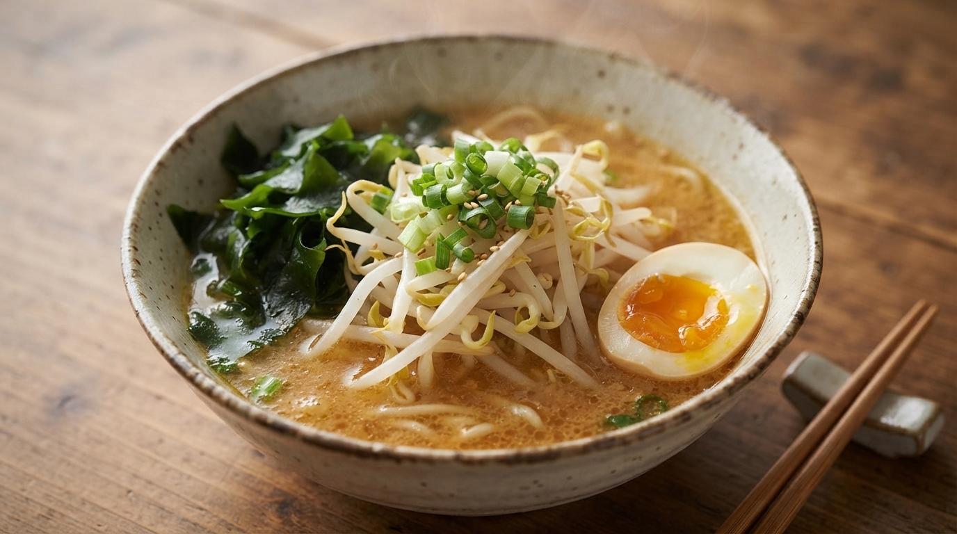 Una fumante ciotola di ramen miso fatto in casa guarnita con germogli di soia, alga verde e un uovo barzotto.