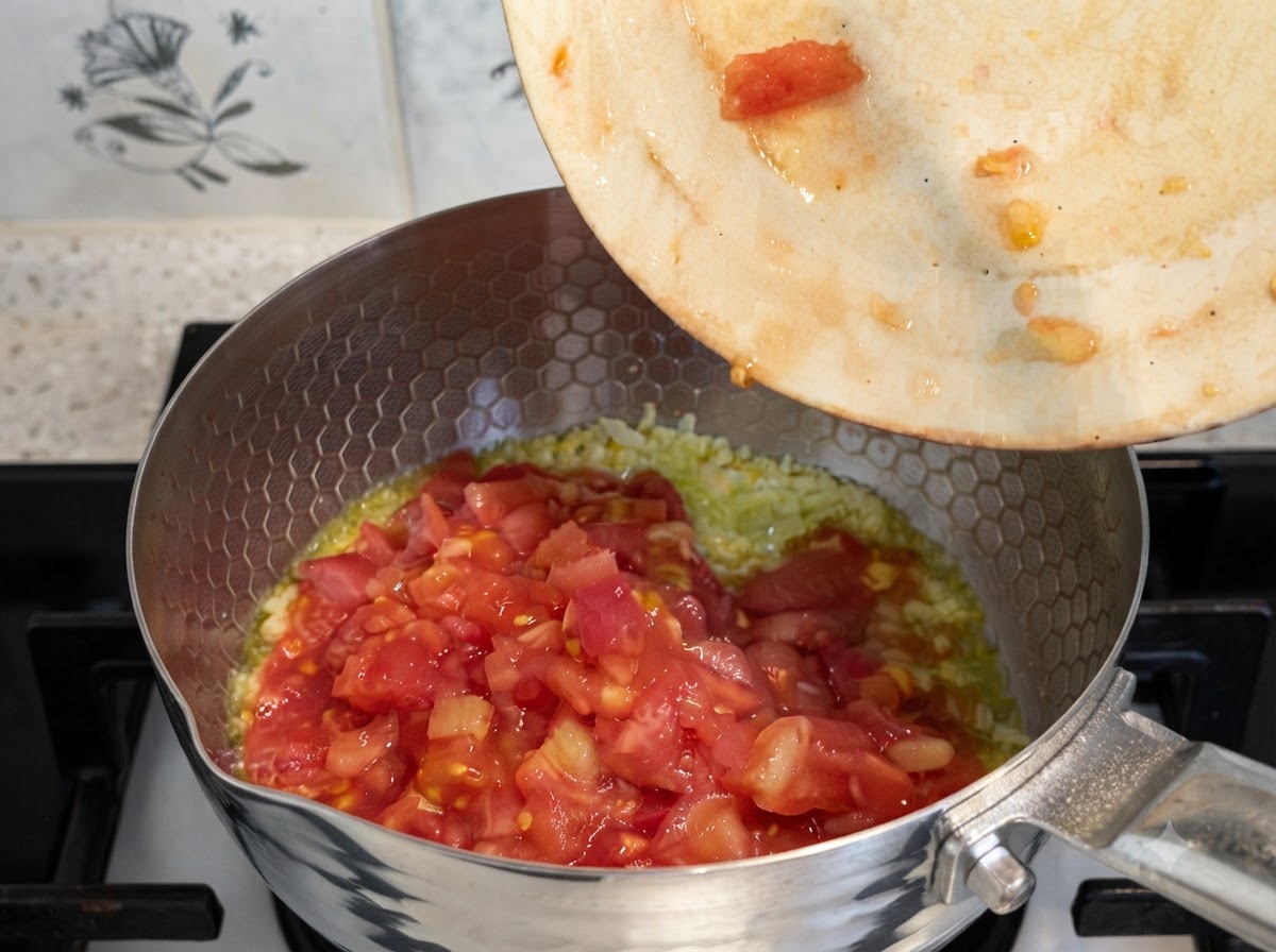 Salsa e acqua pulita versate nella pentola contenente i pomodori soffritti.