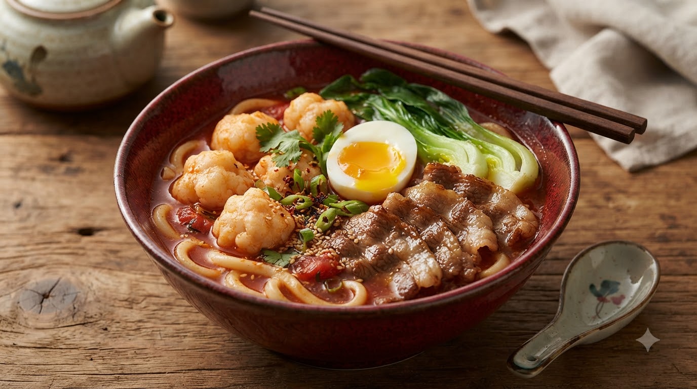 Udon con Manzo e Pomodoro con Polpette di Gamberi Fatte in Casa