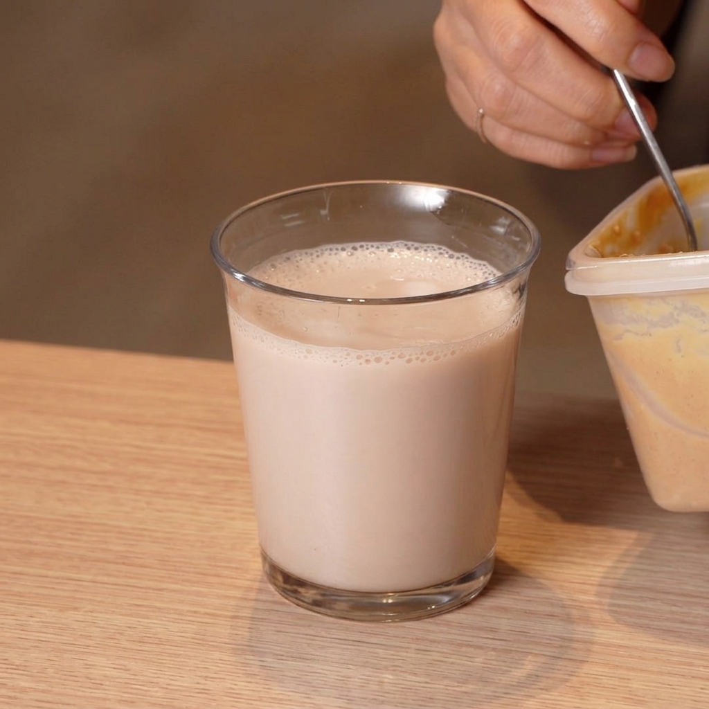 Un cucchiaio di miso biologico viene mescolato in un bicchiere di latte di soia ai cereali.