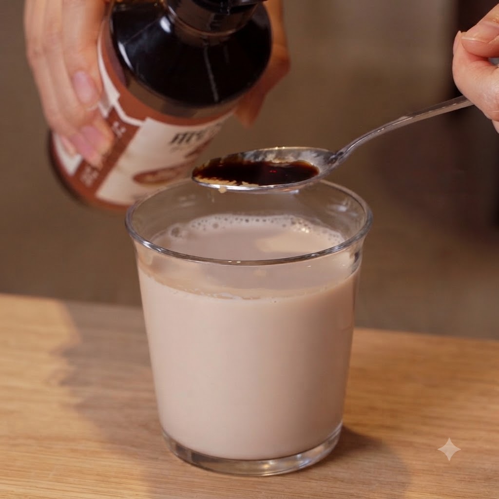 Un goccio di salsa di soia leggera viene versato da una bottiglia su un cucchiaio sopra il bicchiere di latte di soia.
