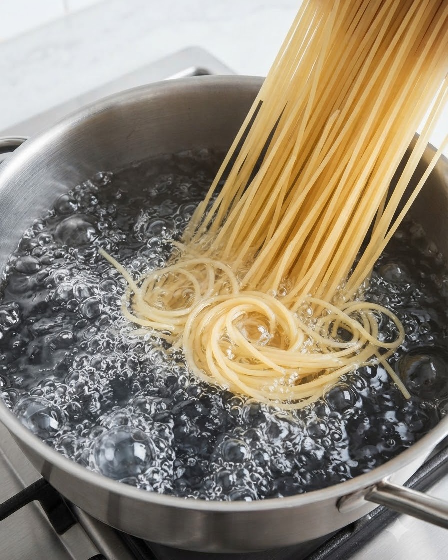 Un mazzetto di noodles ramen freschi calato in una pentola di acqua in forte ebollizione con bolle.