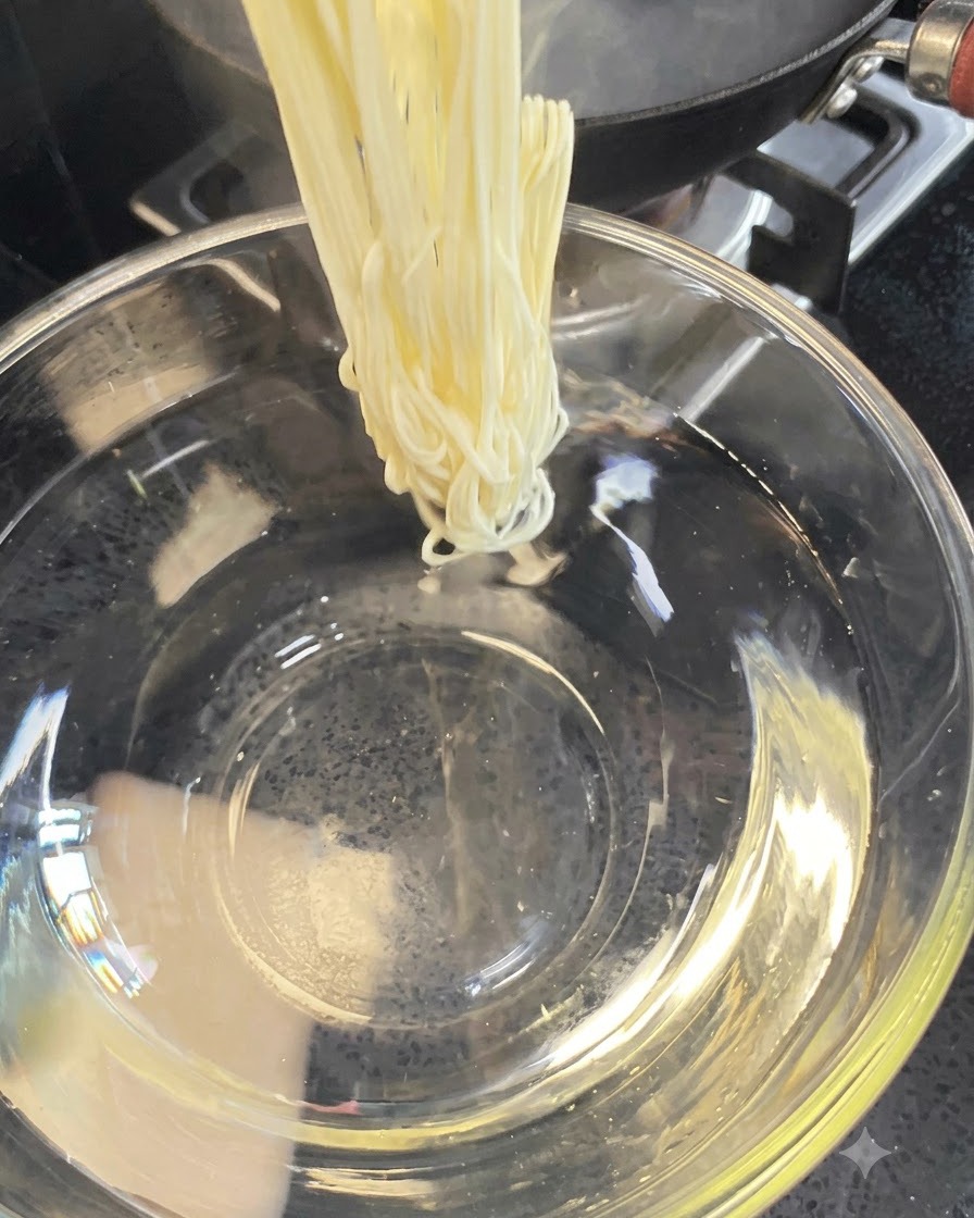 Noodles cotti sollevati e posti in una ciotola di acqua fredda.