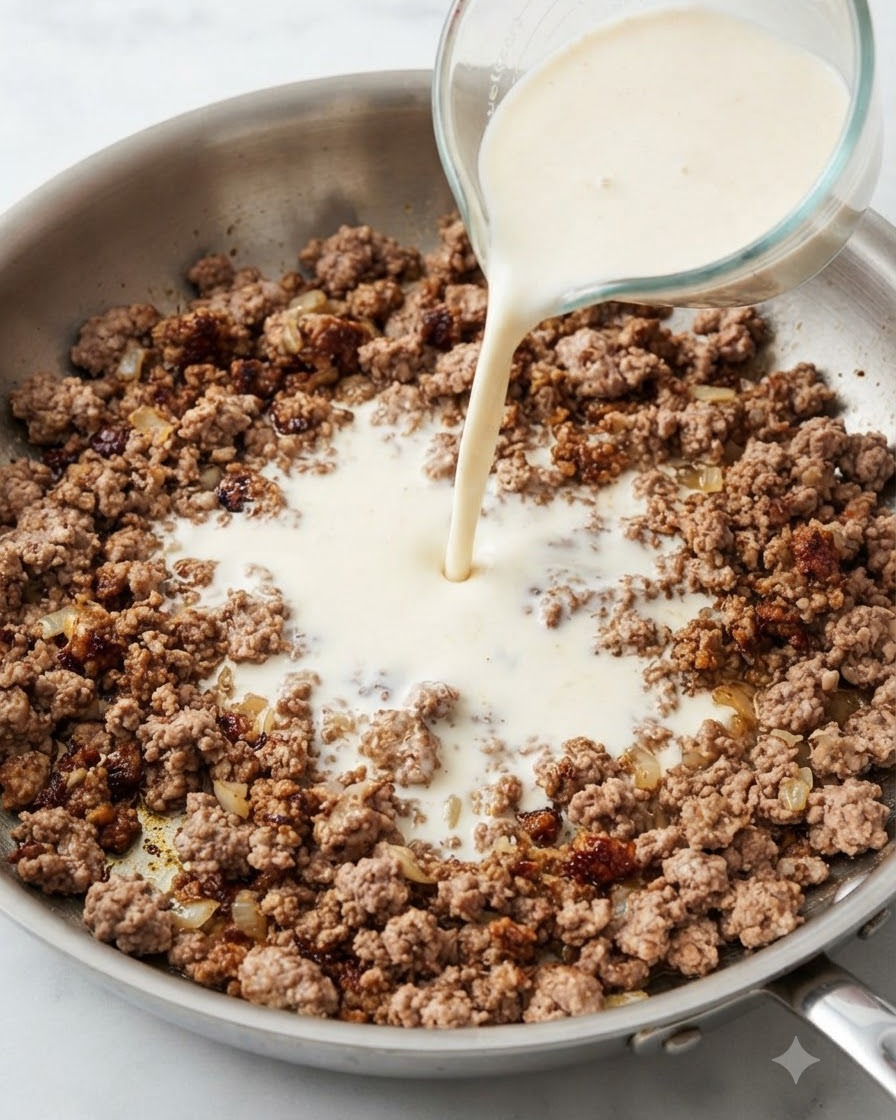 Latte di soia giallo pallido versato da un misurino di vetro in una padella con carne macinata cotta.