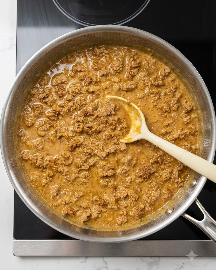 Un cucchiaio giallo chiaro che mescola una salsa cremosa di carne e latte di soia allinterno di una padella in acciaio inossidabile.