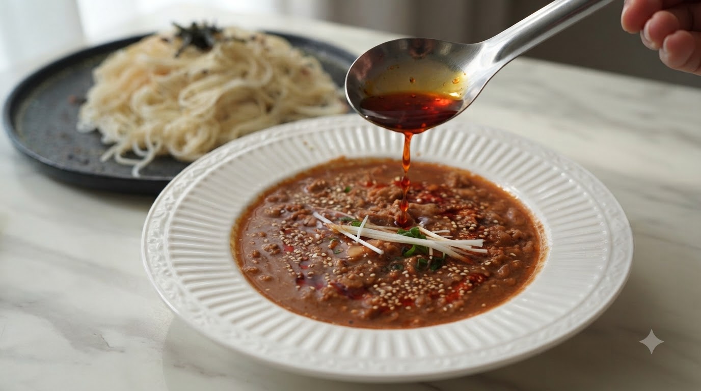 Un cucchiaio di olio al peperoncino rosso vivo versato su una ricca salsa di carne al miso e latte di soia.