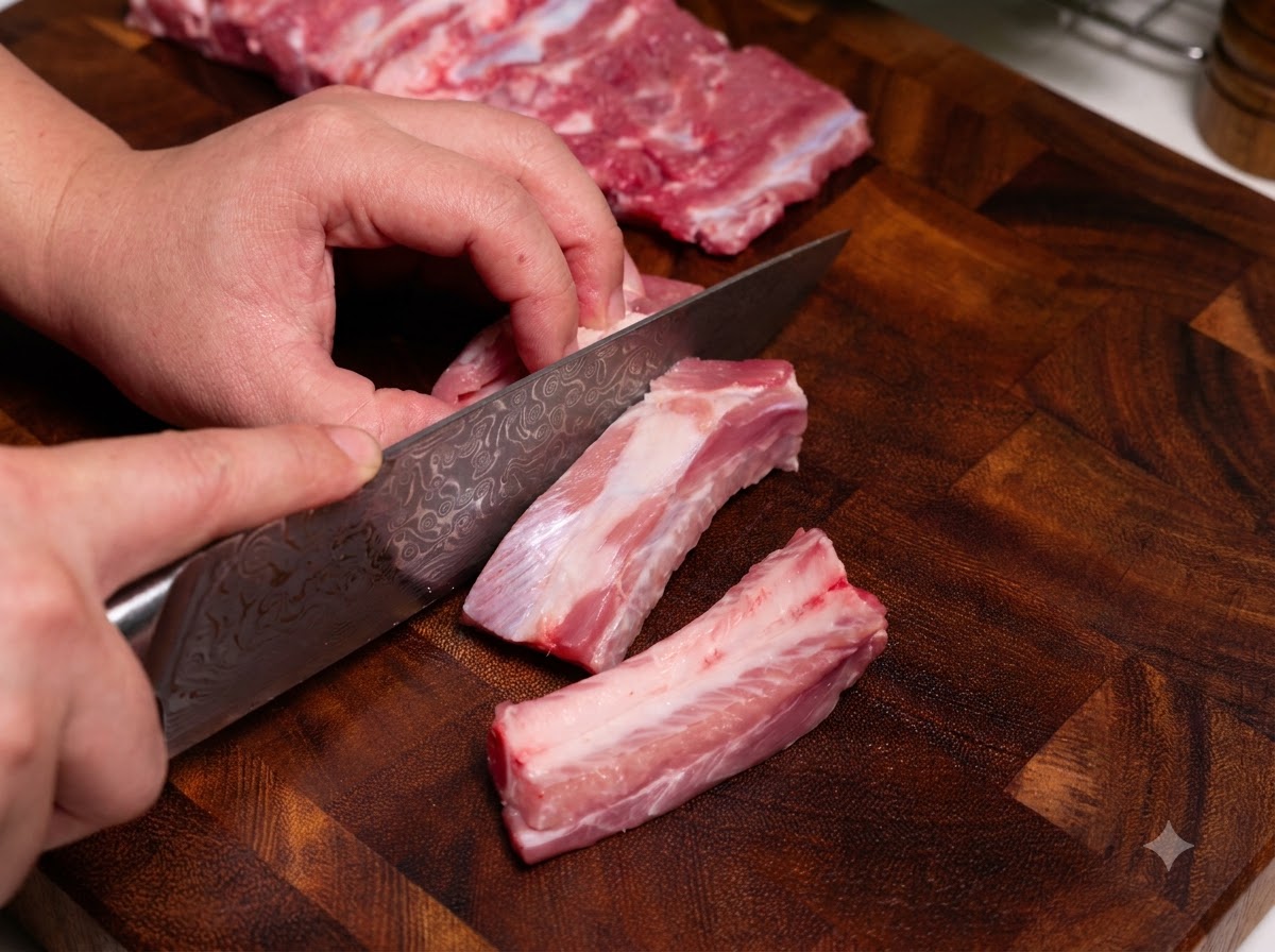 Un coltello affilato taglia a pezzi delle costine di maiale crude su un tagliere di legno.