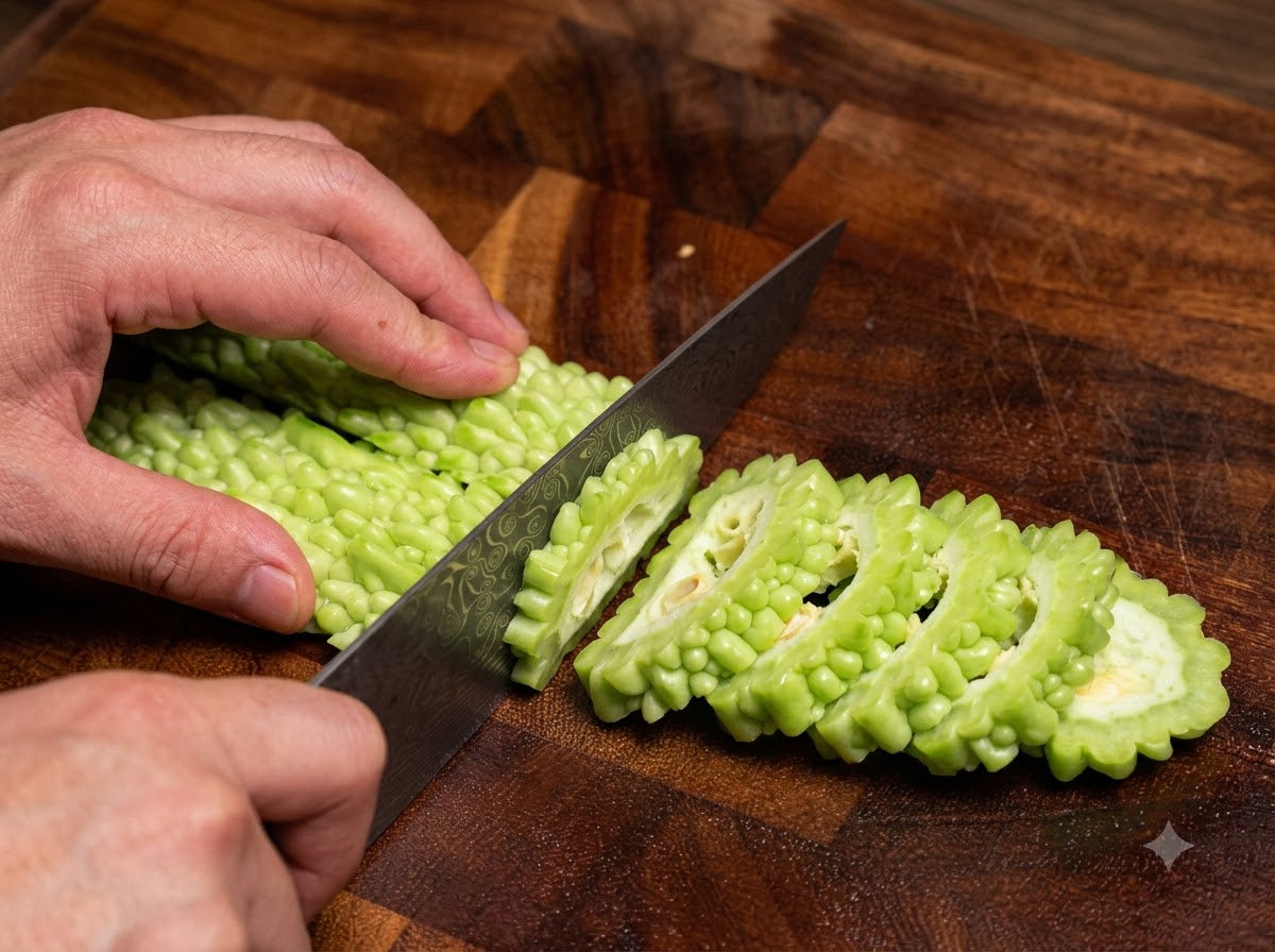Melone amaro verde tagliato a fette spesse su un tagliere di legno.