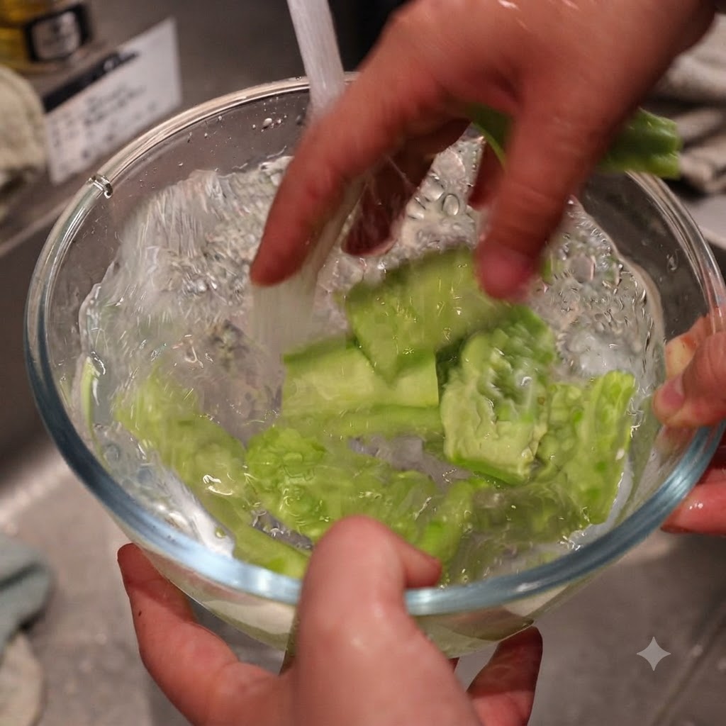 Mani che lavano i pezzi di melone amaro in una ciotola di vetro con acqua e sale.