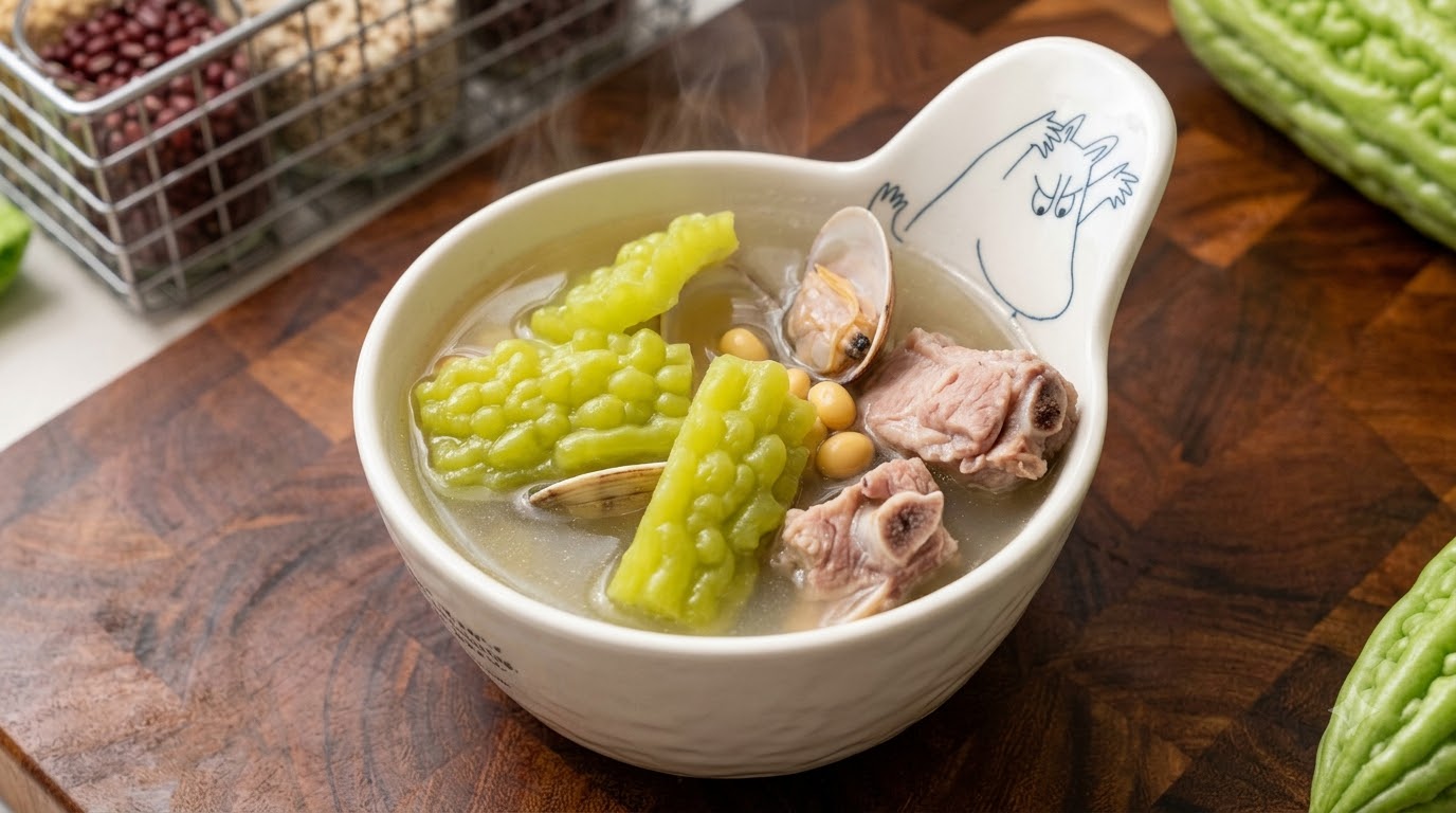 Una ciotola di zuppa di melone amaro con vongole, soia e costine di maiale dal brodo limpido e ingredienti freschi.