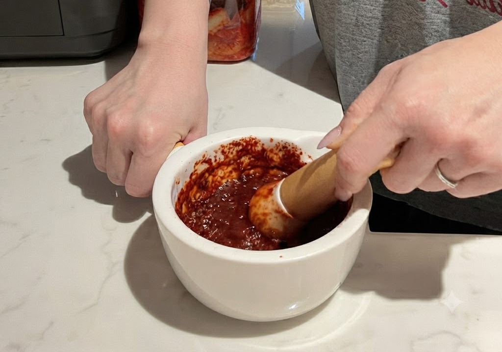 Pestare pasta di peperoncino rosso e aglio in un mortaio di ceramica bianca con un pestello di legno.