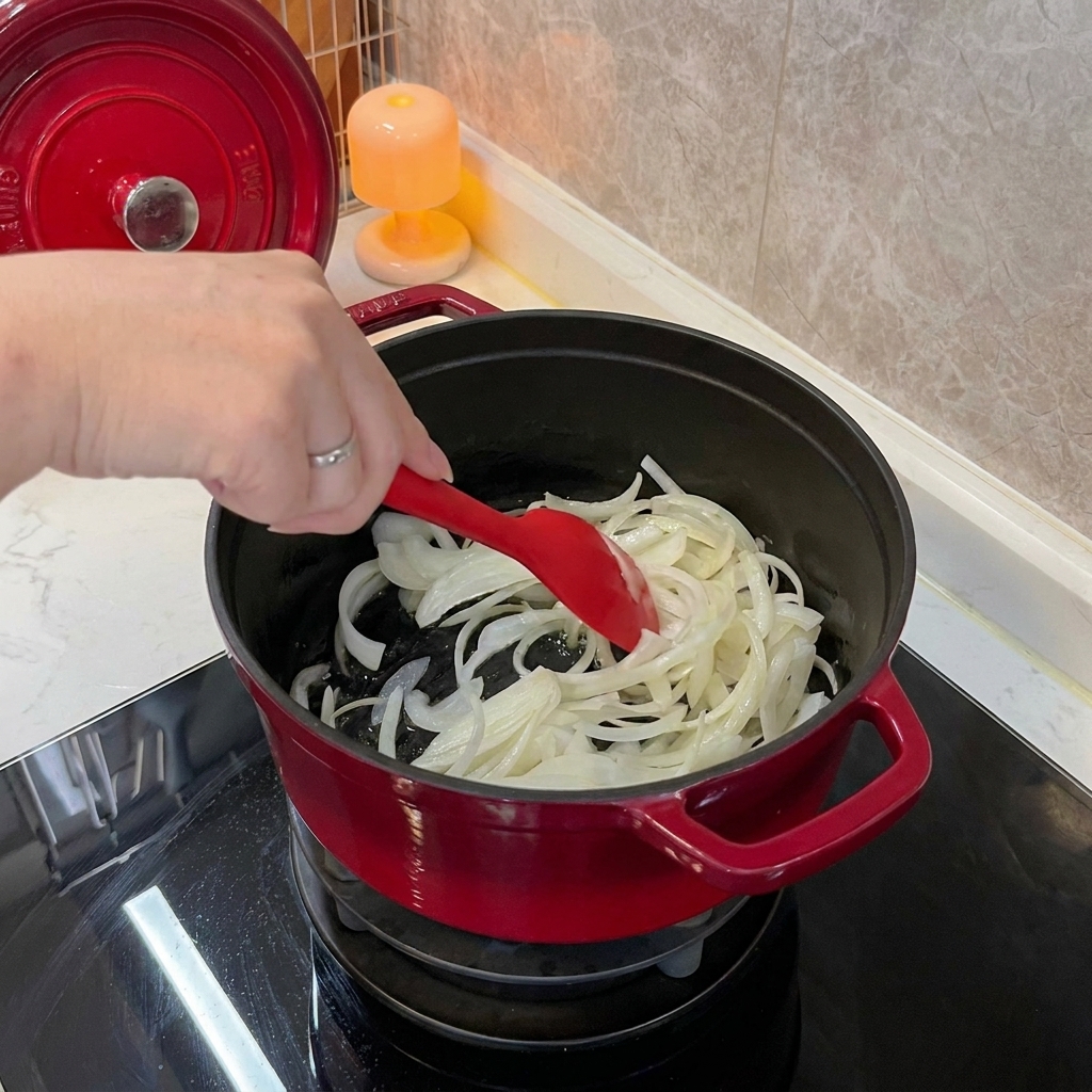 Saltare cipolle bianche affettate in una pentola di ghisa rossa usando una spatola in silicone rosso.