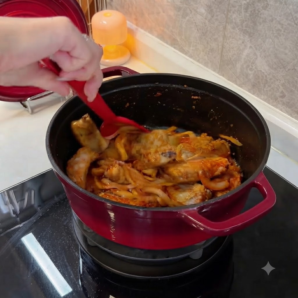 Una pentola di cottura rossa su un piano cottura con costine e cipolle mescolate usando una spatola in silicone rosso.
