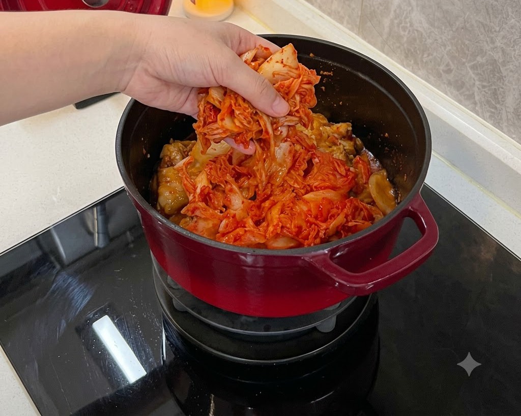 Una mano che posiziona un grosso mucchio di kimchi fermentato rosso vivo sopra le costine di maiale in una pentola.